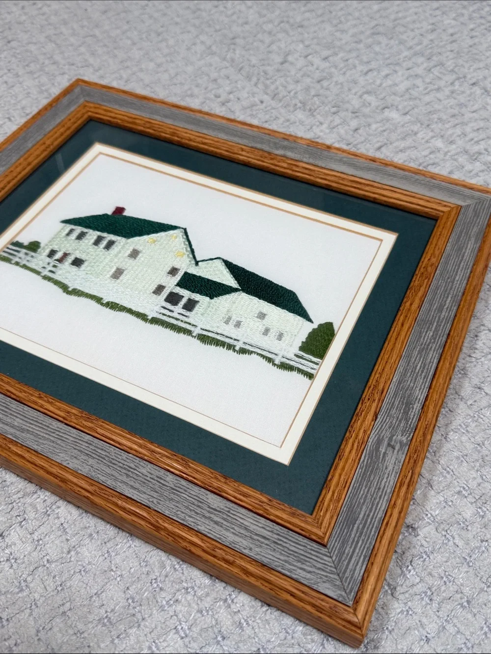 Vtg Needlepoint Embroidered White Farmhouse Crewel Barn wood Frame Wall Hanging